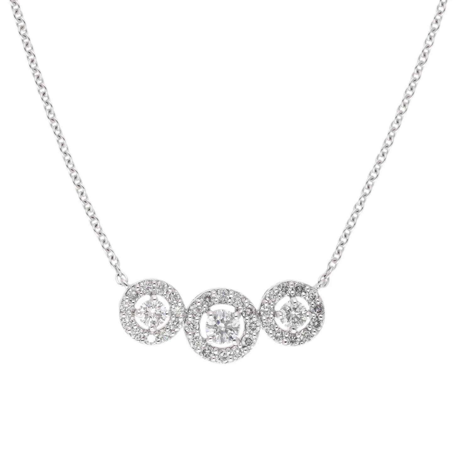 0.65 Ct Natural Three Round Brilliant Cut Halo Necklace