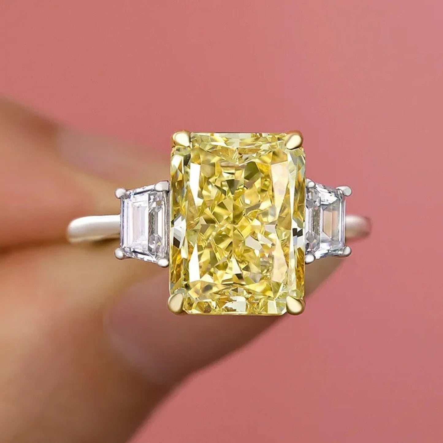 3.70 Ct Fancy Yellow Lab Grown Radiant Cut Diamond Three Stone Engagement Ring - Helodia Jewelry