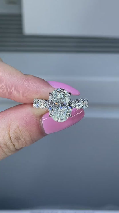 6.89 Ct Lab Grown Oval Cut Diamond with Hidden Halo & Side Stones Engagement Ring